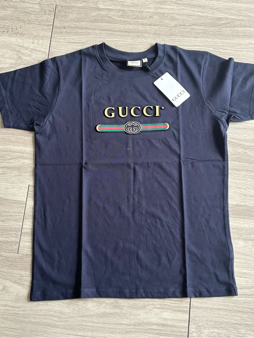 Gucci Kids Navy Tee with Gold Logo & Green-Red Stripe